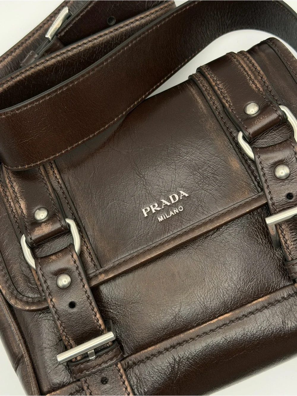 Prada Brown Leather Messenger Bag with Buckle Straps